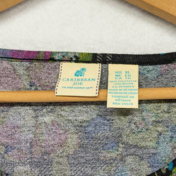 CARIBBEAN JOE XL Black Floral Top 3/4 Length Sleeve Polyester Blend Sweater NWT - Picture 3 of 6